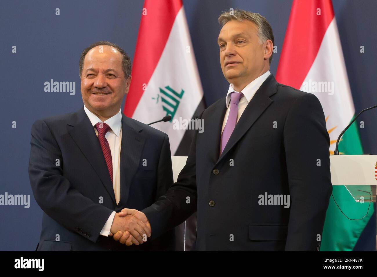 (150511) -- BUDAPEST, May 11, 2015 -- Masoud Barzani (L), President of the Kurdistan Region of Iraq, and Viktor Orban (R), prime minister of Hungary, shake hands during a press conference after their official meeting in Budapest, Hungary on May 11, 2015. ) HUNGARY--BUDAPEST-IRAQ-KURDISTAN REGION-VISIT AttilaxVolgyi PUBLICATIONxNOTxINxCHN   150511 Budapest May 11 2015 Masoud Barzani l President of The Kurdistan Region of Iraq and Viktor Orban r Prime Ministers of Hungary Shake Hands during a Press Conference After their Official Meeting in Budapest Hungary ON May 11 2015 Hungary Budapest Iraq K Stock Photo