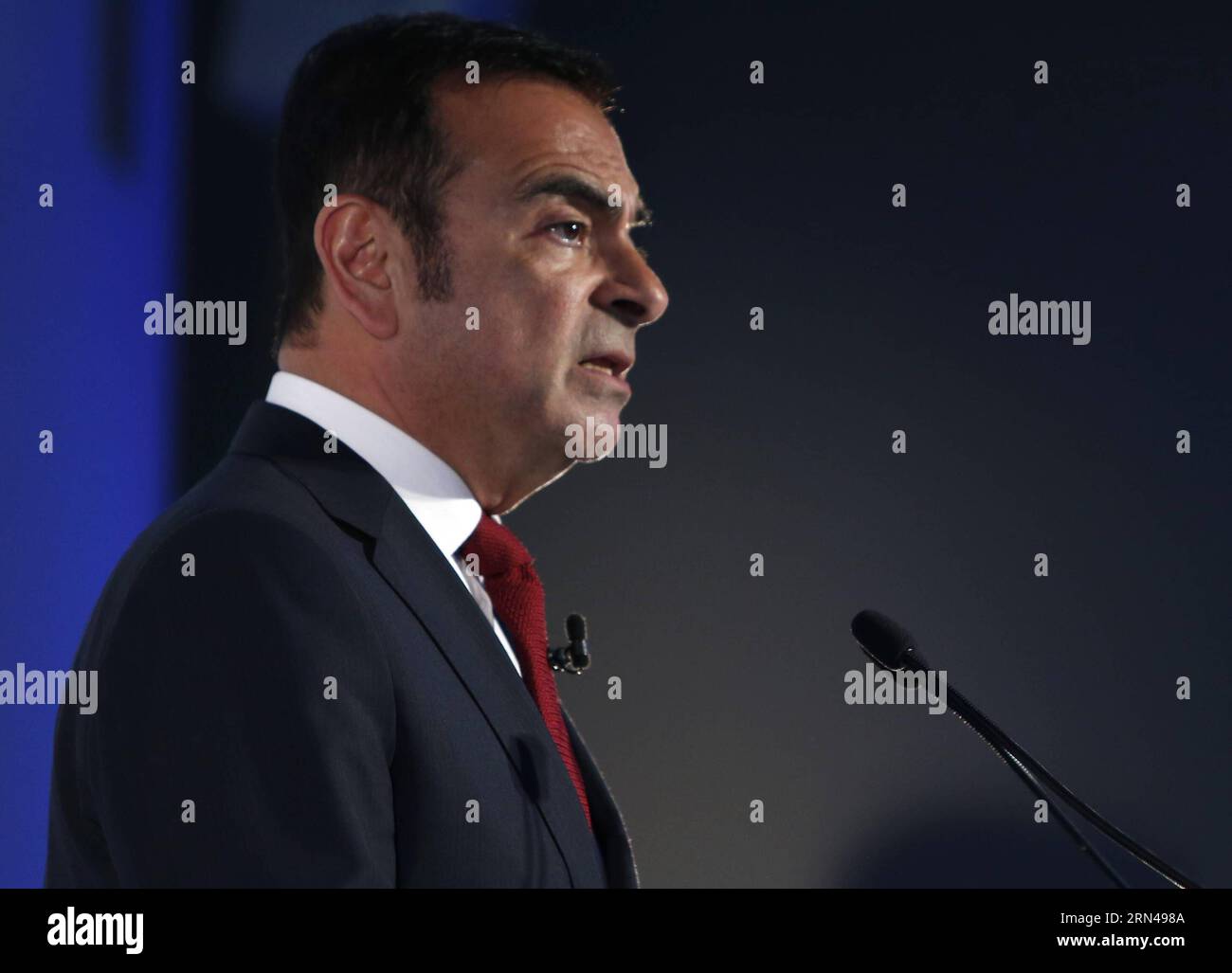 YOKOHAMA, May 13, 2015 -- Nissan Motors Chairman and CEO Carlos Ghosn speaks during a news conference to announce their financial results for the 12 months to March 31, 2015 in Yokohama, near Tokyo, Japan, May 13, 2015. Nissan said operating profit rose to 589.6 billion yen for fiscal year 2014, representing a 5.2% margin on net revenues that reached 11.38 trillion yen (about 94.98 billion U.S. dollars) for the period. )(azp) JAPAN-YOKOHAMA-NISSAN-FY 2014 Stringer PUBLICATIONxNOTxINxCHN   Yokohama May 13 2015 Nissan Engine Chairman and CEO Carlos Ghosn Speaks during a News Conference to Announ Stock Photo