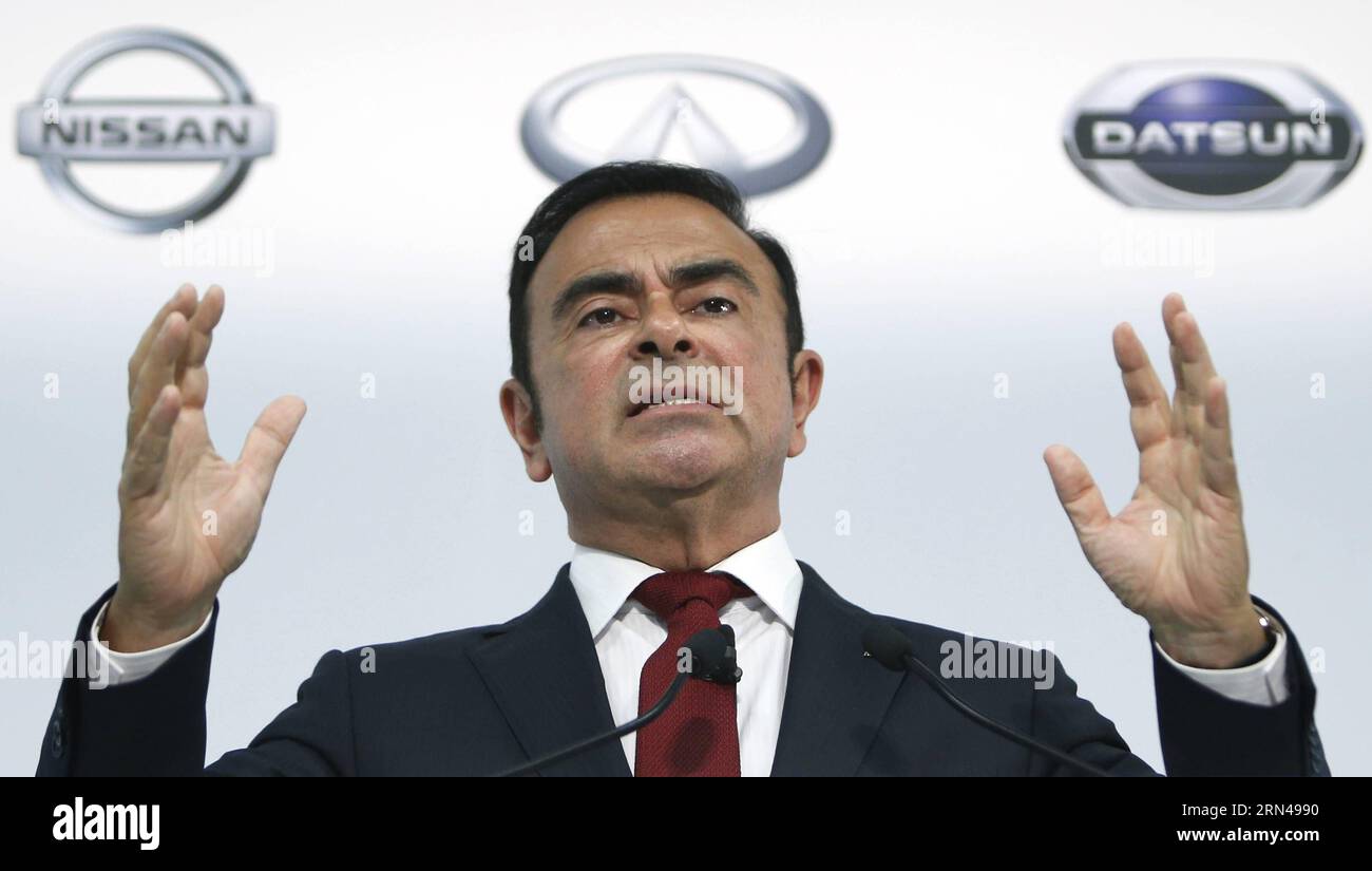 YOKOHAMA, May 13, 2015 -- Nissan Motors Chairman and CEO Carlos Ghosn speaks during a news conference to announce their financial results for the 12 months to March 31, 2015 in Yokohama, near Tokyo, Japan, May 13, 2015. Nissan said operating profit rose to 589.6 billion yen for fiscal year 2014, representing a 5.2% margin on net revenues that reached 11.38 trillion yen about 94.98 billion U.S. dollars for the period. azp JAPAN-YOKOHAMA-NISSAN-FY 2014 Stringer PUBLICATIONxNOTxINxCHN Stock Photo