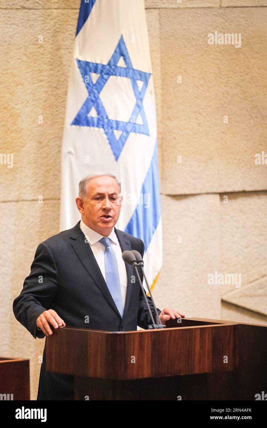 (150514) -- JERUSALEM, May 14, 2015 -- Israeli Prime Minister Benjamin Netanyahu makes a speech before presenting the newly formed government in the Israeli Knesset (parliament) in Jerusalem, on May 14, 2015. The Israeli parliament approved late Thursday night a right-wing government formed by incumbent Prime Minister Benjamin Netanyahu after his Likud party won an early election nearly two months ago. The 20-member cabinet, whose lineup was finalized not long before the vote, is to be sworn in soon after it won the parliament s confirmation in a vote of 61 to 59. ) MIDEAST-JERUSALEM-ISRAEL-KN Stock Photo