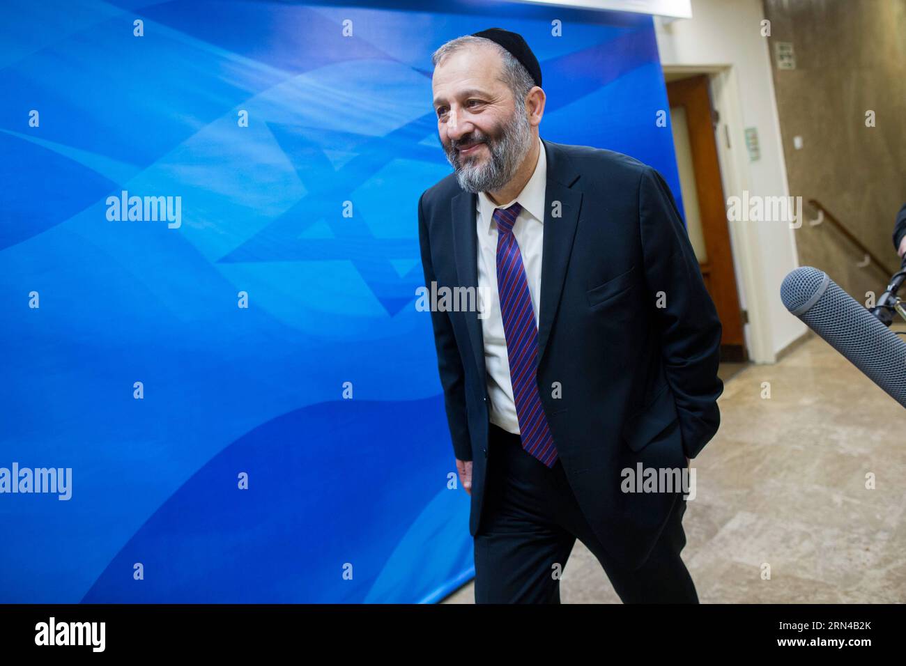 (150515) -- JERUSALEM, May 15, 2015 -- Incoming Israeli Economy Minister Aryeh Deri arrives for the first cabinet meeting of the Israel s 34th government at the Prime Minister s office in Jerusalem, on May 15, 2015. Israeli Prime Minister Benjamin Netanyahu s right-wing new coalition government was sworn in late Thursday night, after the parliament approved it by a razor-thin 61-59 majority. /Yonatan Sindel) MIDEAST-JERUSALEM-ISRAEL-34TH GOV T-FIRST CABINET MEETING JINI PUBLICATIONxNOTxINxCHN   Jerusalem May 15 2015 Incoming Israeli Economy Ministers Aryeh Deri arrives for The First Cabinet Me Stock Photo