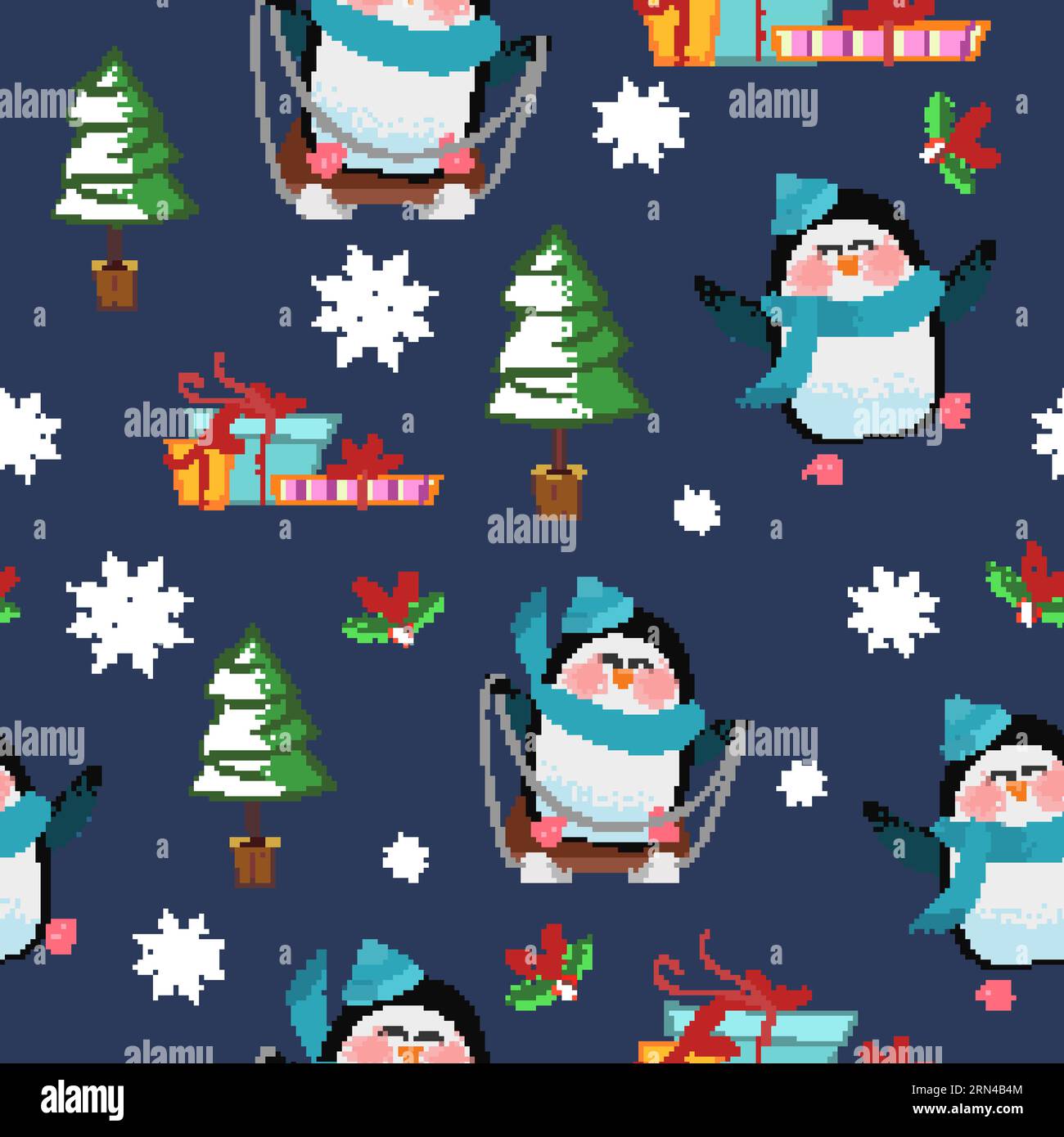 Christmas pattern with penguins, fir-trees and gift boxes Stock Vector