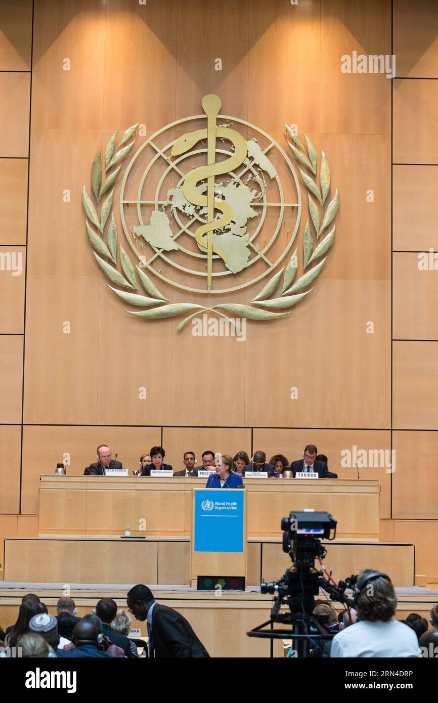 POLITIK WHO-Jahresversammlung in Genf (150518) -- GENEVA, May 18, 2015 -- Photo taken on May 18, 2015 shows a view of the 68th session of the World Health Assembly (WHA) in Geneva, Switzerland. The 68th session of the WHA on Monday kicked off here, over 3,000 delegates from 194 member states would focus on the discussion of Ebola outbreaks and the post-2015 health agenda. ) SWITZERLAND-GENEVA-WHA-68TH SESSION XuxJinquan PUBLICATIONxNOTxINxCHN   politics Who Annual Meeting in Geneva  Geneva May 18 2015 Photo Taken ON May 18 2015 Shows a View of The 68th Session of The World Health Assembly Wha Stock Photo