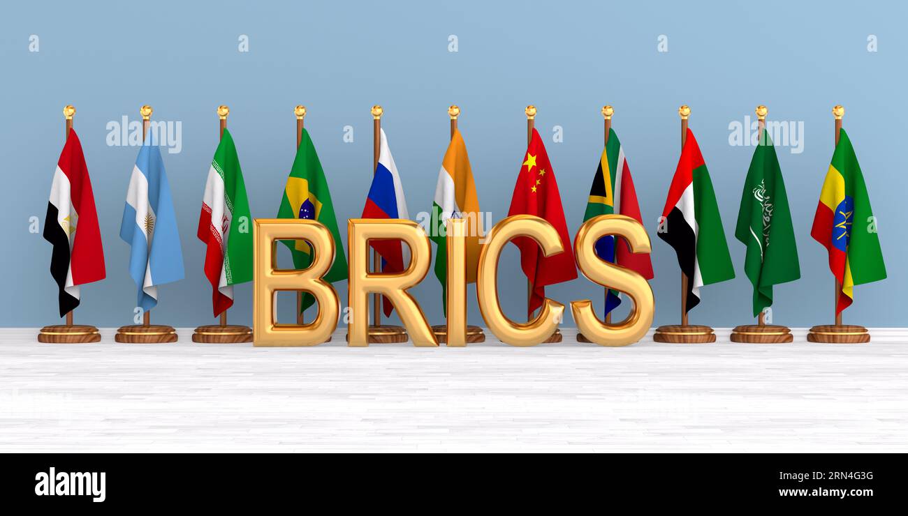 Set flags BRICS in room. 3D illustration Stock Photo