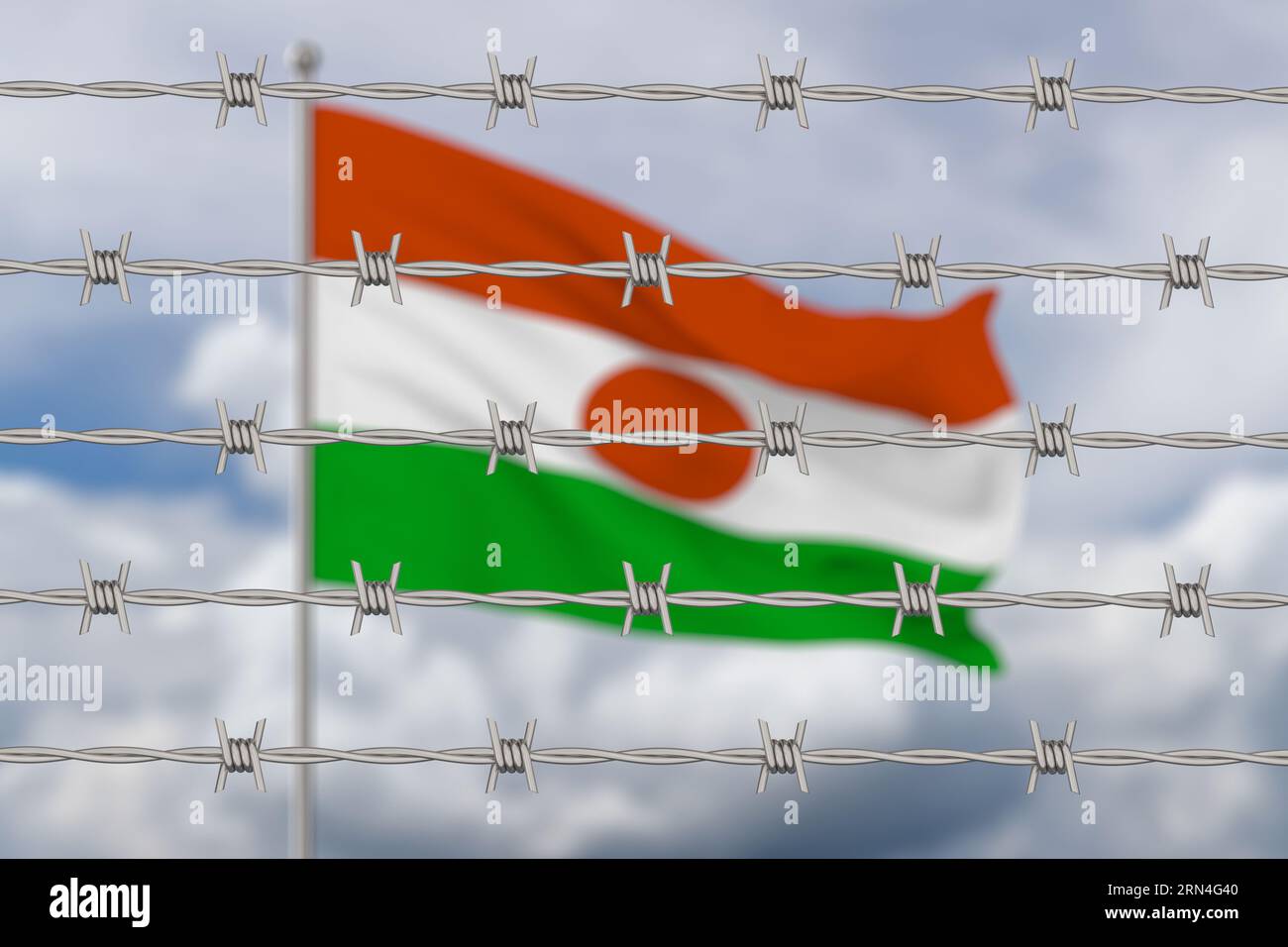 Niger flag and metal steel barbed wire on sky background. 3D illustration Stock Photo
