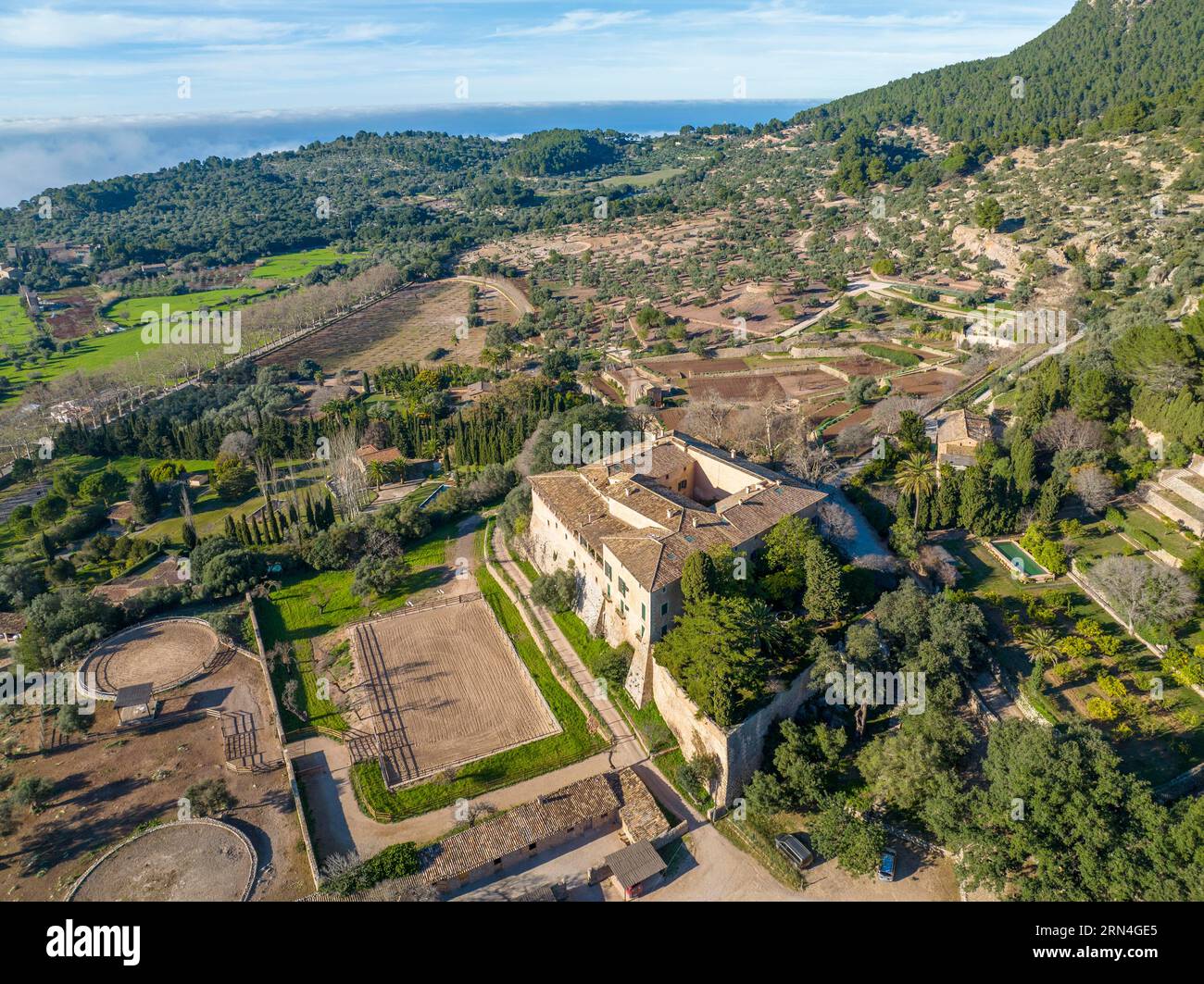 Aerial view, agricultural property, Valldemossa, Mallorca, Balearic Islands, Spain Stock Photo