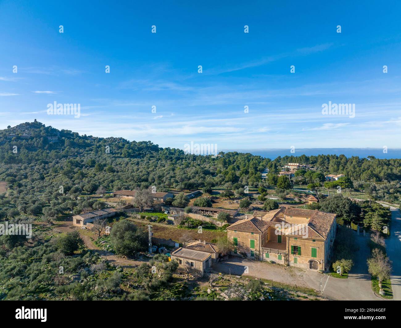 Aerial view, agricultural property, Valldemossa, Mallorca, Balearic Islands, Spain Stock Photo