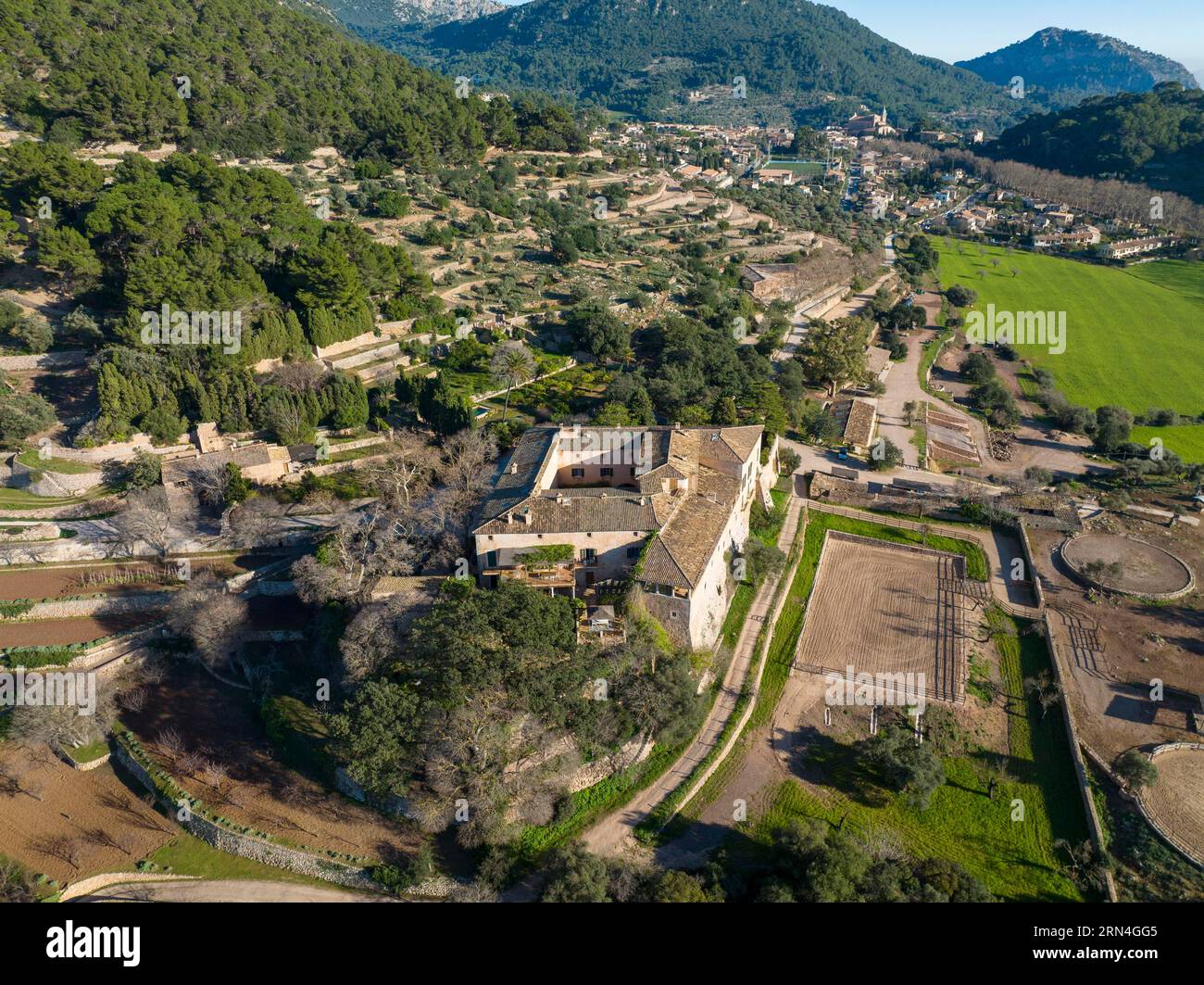 Aerial view, agricultural property, Valldemossa, Mallorca, Balearic Islands, Spain Stock Photo