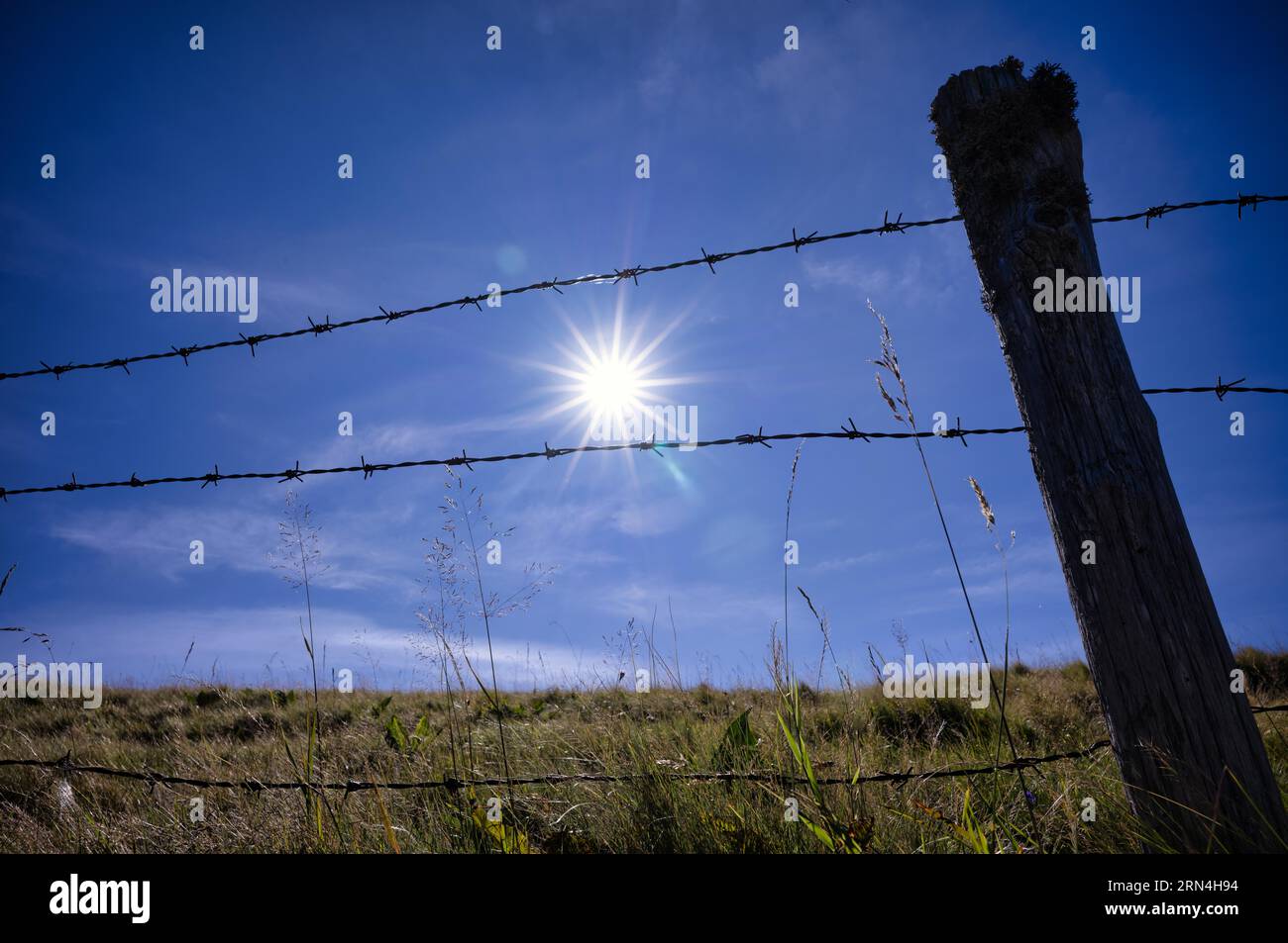 Sun, Sky, Behind, Barbed Wire, Barbed Wire Fence, Puy de la Vache, Saint-Genes-Champanelle, Chaine des Puys, Departement Puy-de-Dome, Region Stock Photo