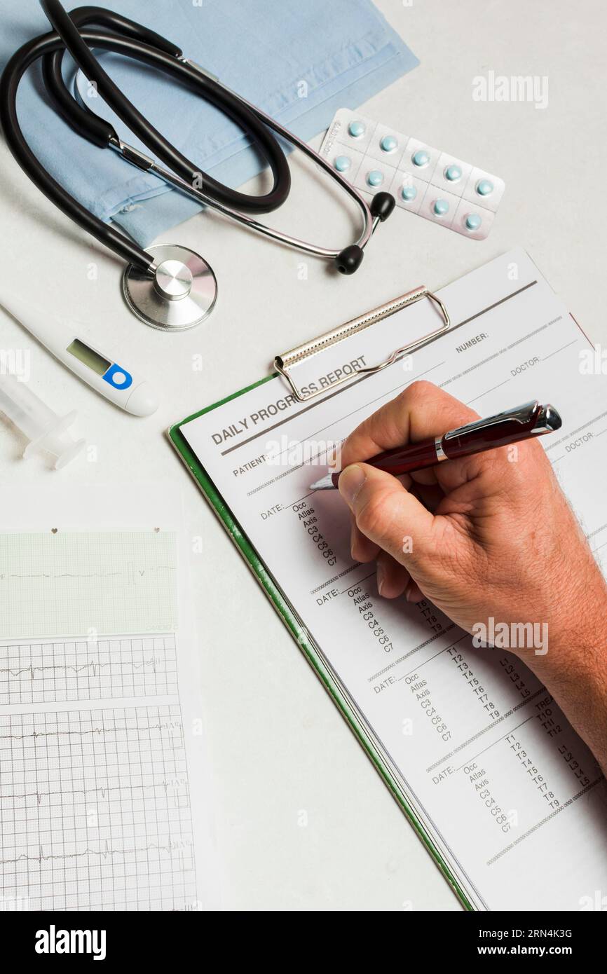 Medical report with medical equipment Stock Photo