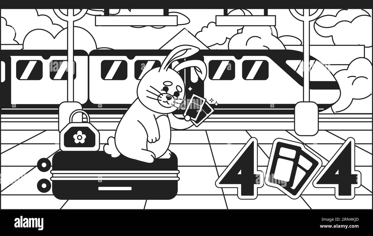 Traveler rabbit on station black white error 404 flash message Stock Vector