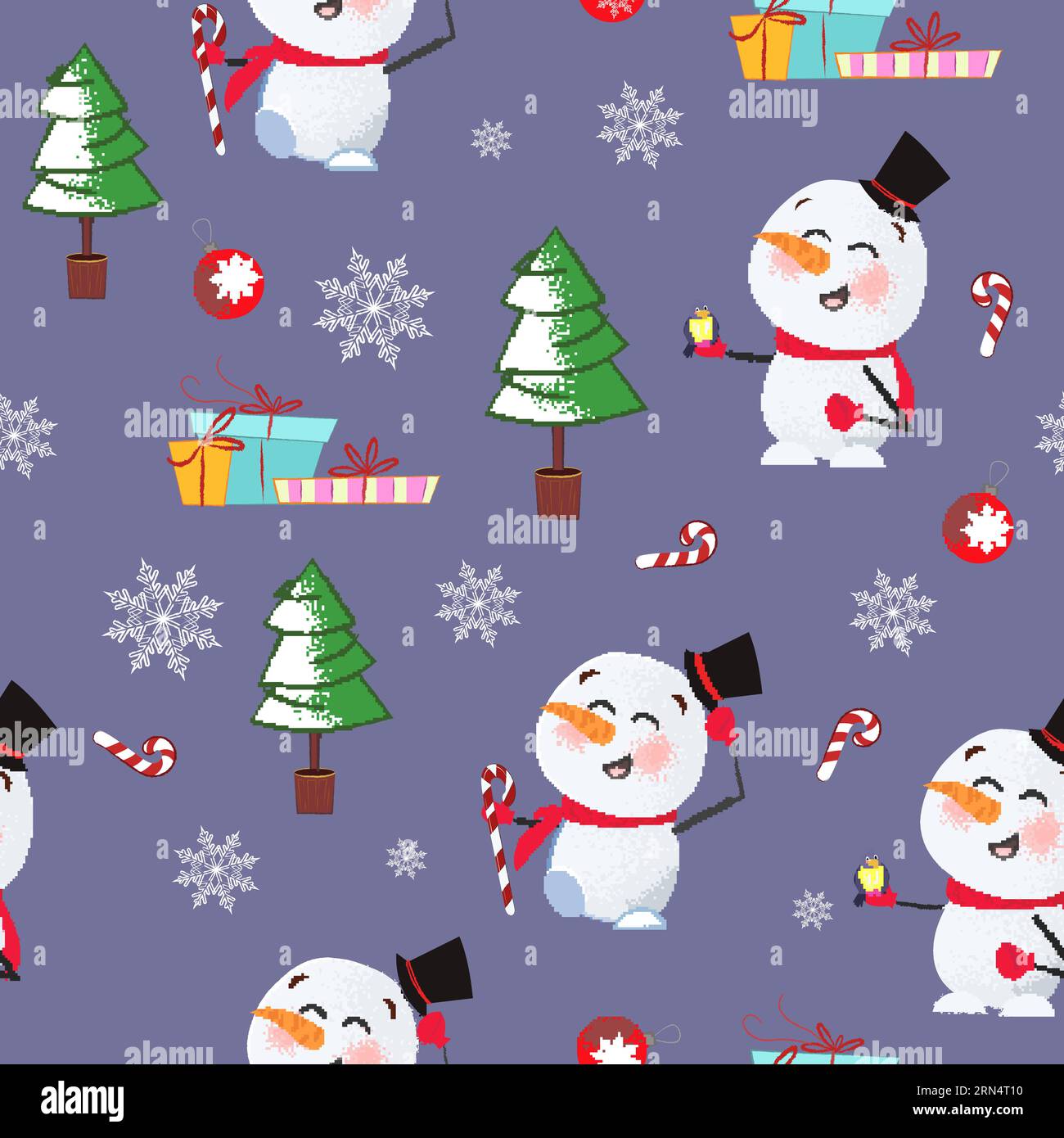 Christmas pattern with snowmen, fir-trees and gift boxes Stock Vector