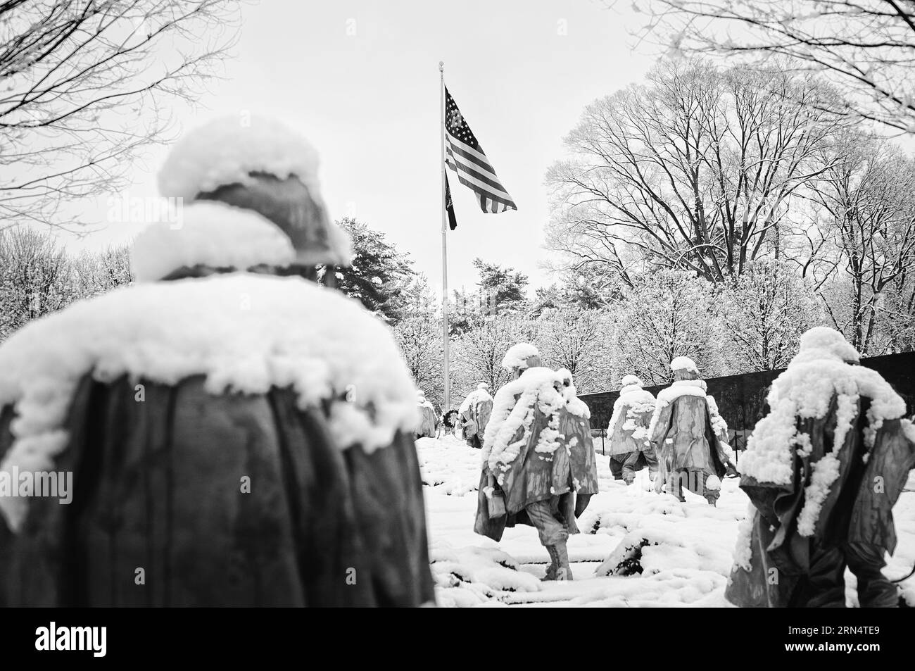 WASHINGTON, DC - Freshly fallen snow on the Korean War Veterans Memorial in Washington DC. The Korean War Memorial on the National Mall on a snowy win Stock Photo