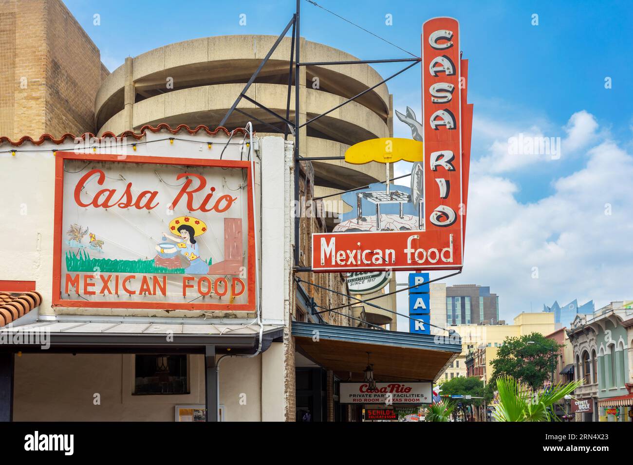 San Antonio, Texas, USA – May 8, 2023: Building signage for Casa Rio Mexican restaurant located in downtown San Antonio, Texas. Stock Photo