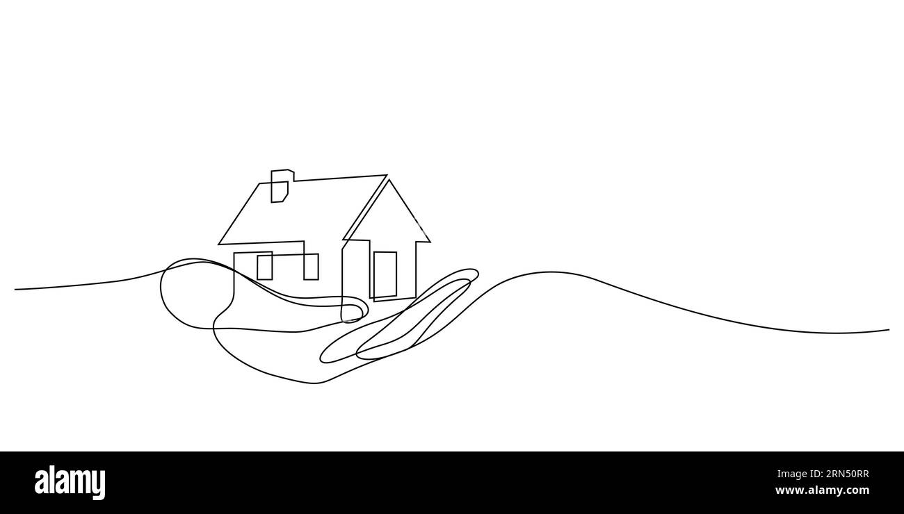 one line of hand holding house model vector illustration for sale marketing,home loan,property fair,real estate business,etc. Stock Vector