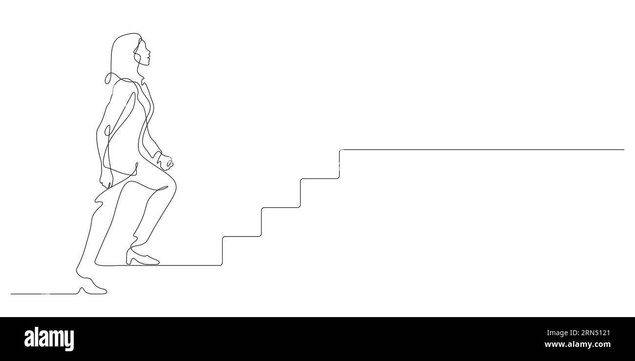 businesswoman walking upward to success stairs in continuous line drawing vector illustration Stock Vector