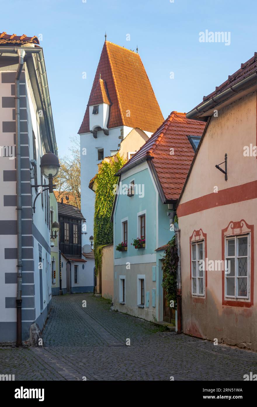 Old Town Street with Rabenstein Tower in the historic old town of Ceske Budejovice, ?eske Bud?jovice, South Bohemia, Bohemia, Czech Republic Stock Photo
