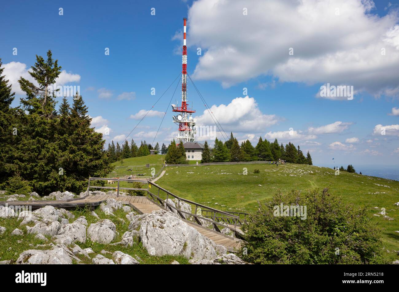 Hiking trail with radio relay station Schoeckl, Schoeckl, Sankt Radegund near Graz, hills and Schoecklland, Styria, Austria Stock Photo