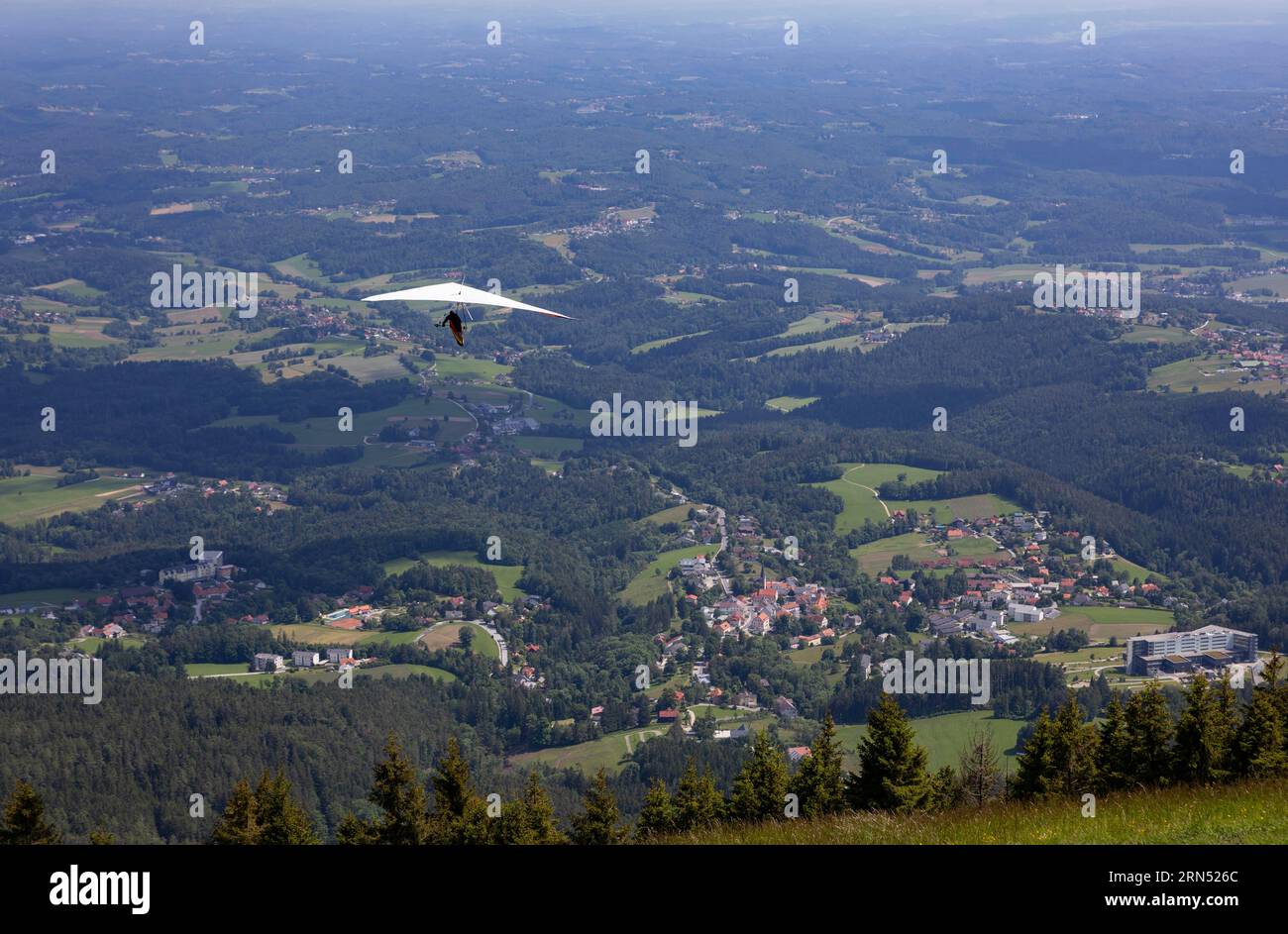 Paraglider and hang glider launch site at Schoeckl, Sankt Radegund near Graz, hills and Schoecklland, Styria, Austria Stock Photo