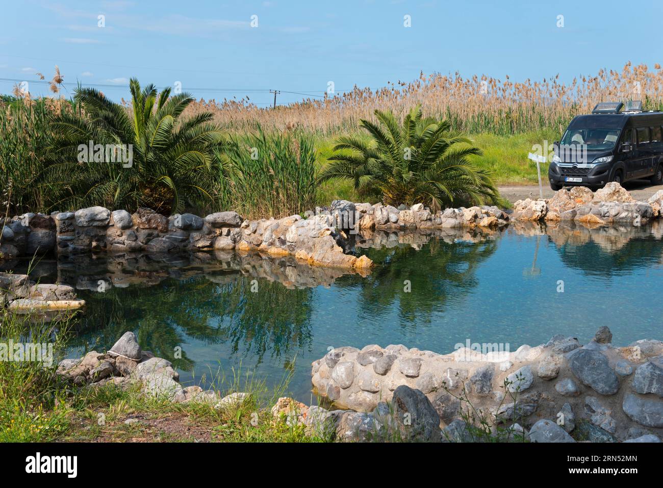 Camper, Kuniavitis Thermal Baths, Cosmetic Springs, Kouniaviti, Kamena Vourla, Phthiotis, Central Greece, Greece Stock Photo