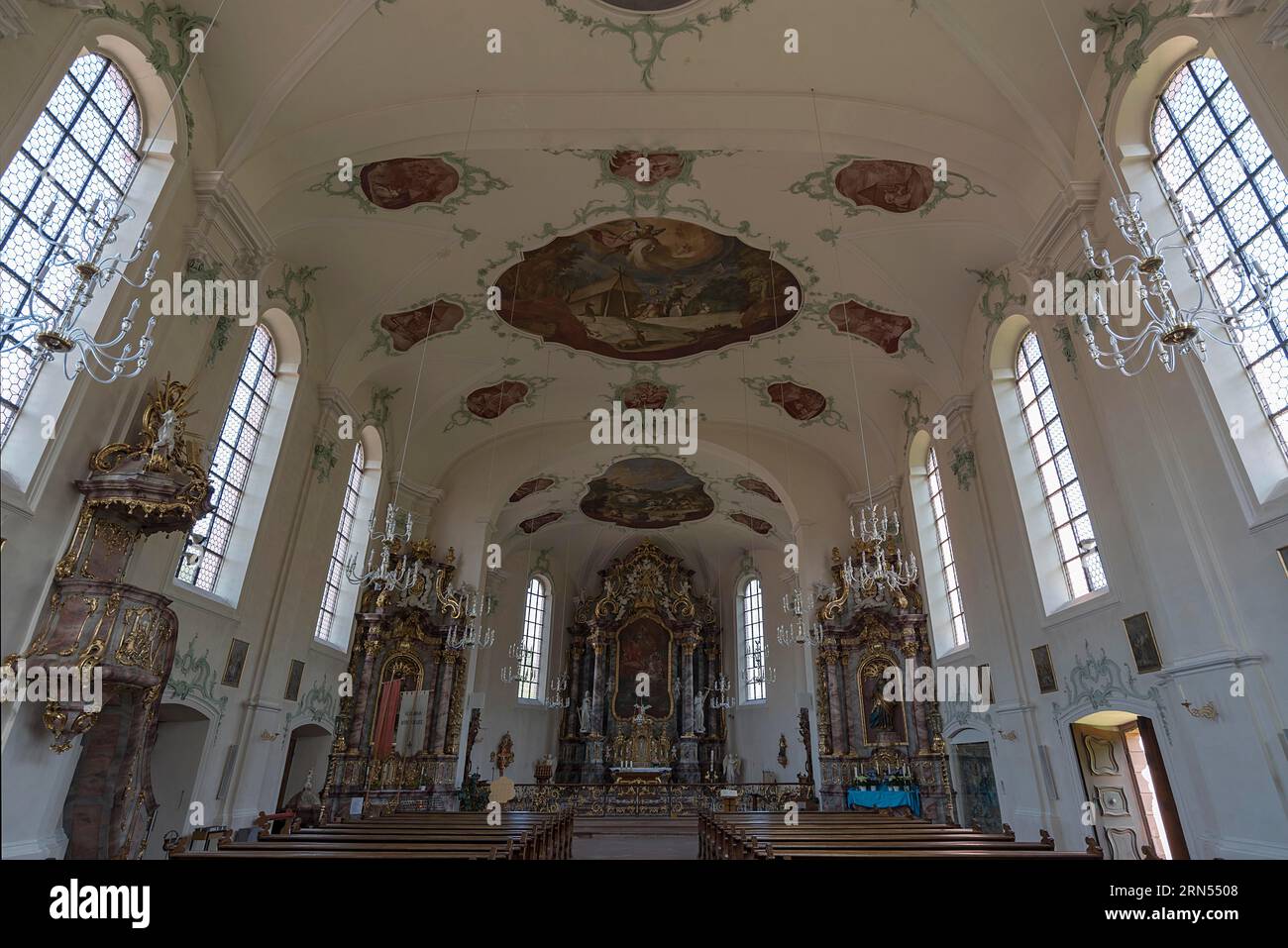 Interior of the Baroque pilgrimage church of St. Landelin, Ettenheimmuenster, Baden-Wuerttemberg, Germany Stock Photo