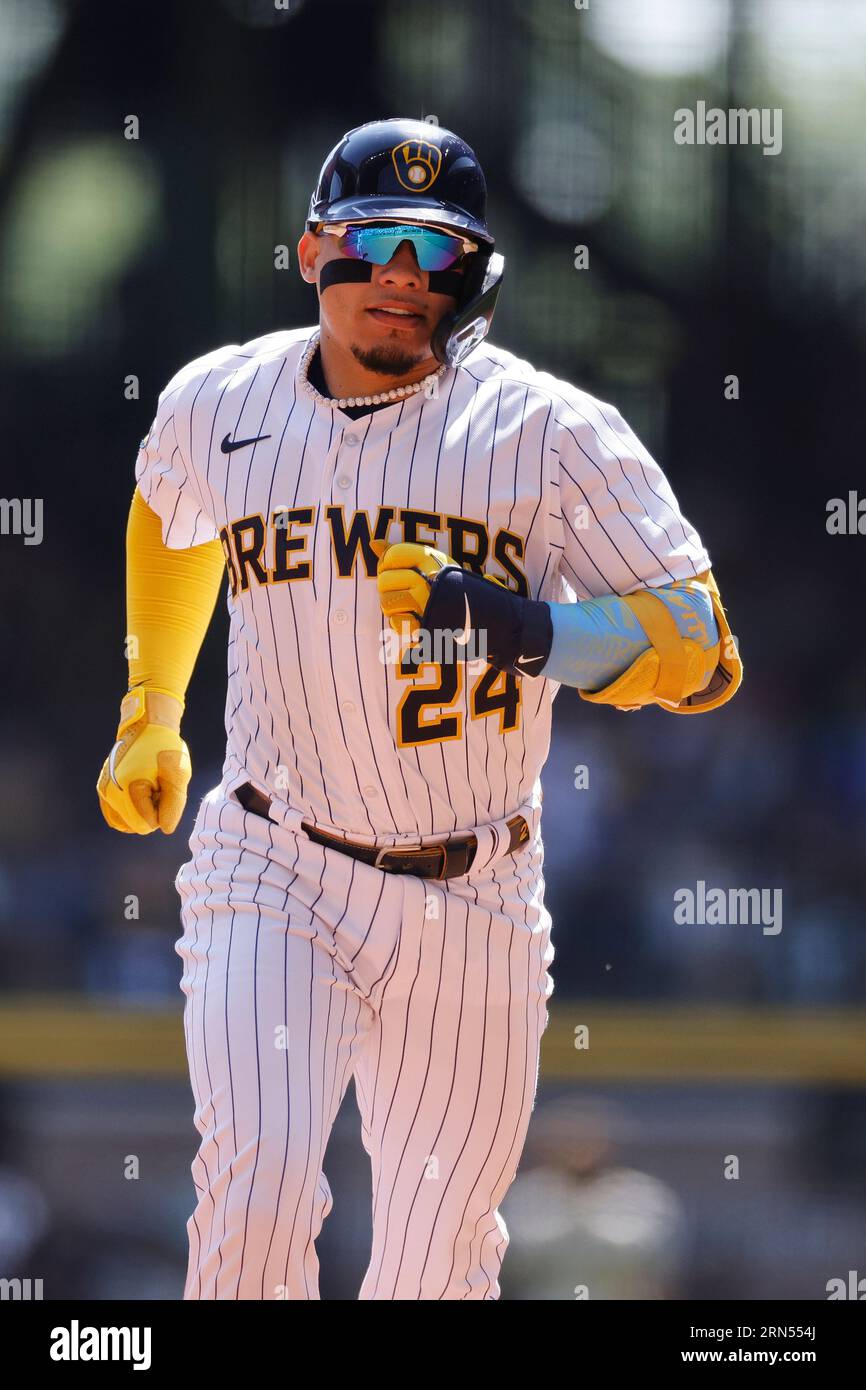 MILWAUKEE, WI - AUGUST 27: Milwaukee Brewers catcher William Contreras (24)  rounds the bases after hitting a home run during an MLB game against the  San Diego Padres on August 27, 2023
