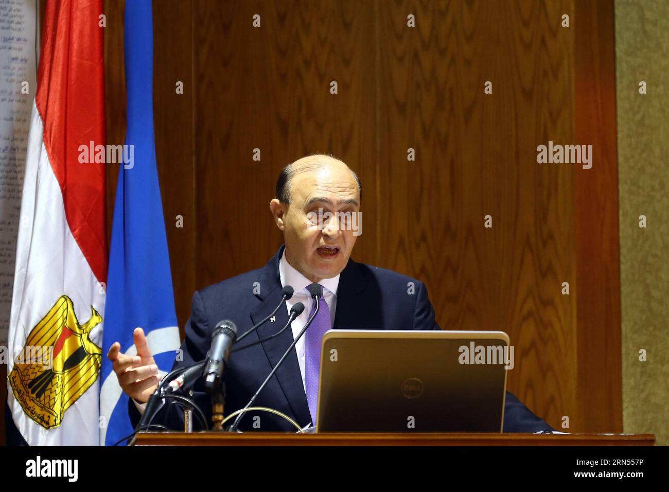 (150613) -- CAIRO, June 13, 2015 -- Chairman of the Suez Canal Authority Mohab Mamish speaks during a press conference about the new Suez Canal in Ismailia, eastern port city of Egypt, on June 13, 2015. Egypt s new Suez Canal maritime route will officially open on Aug. 6, Chairman of the Suez Canal Authority Mohab Mamish said on Saturday. ) EGYPT-ECONOMY-NEW SUEZ CANAL AhmedxGomaa PUBLICATIONxNOTxINxCHN   Cairo June 13 2015 Chairman of The Suez Canal Authority   Speaks during a Press Conference About The New Suez Canal in Ismailia Eastern Port City of Egypt ON June 13 2015 Egypt S New Suez Can Stock Photo