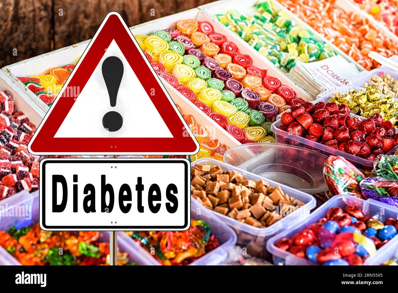 Symbolic image, Attention sign, Caution, Indication of diabetes, Sugar, Sweets, Health risk, Diabetes type 1, Diabetes type 2, Food, Medicine check Stock Photo