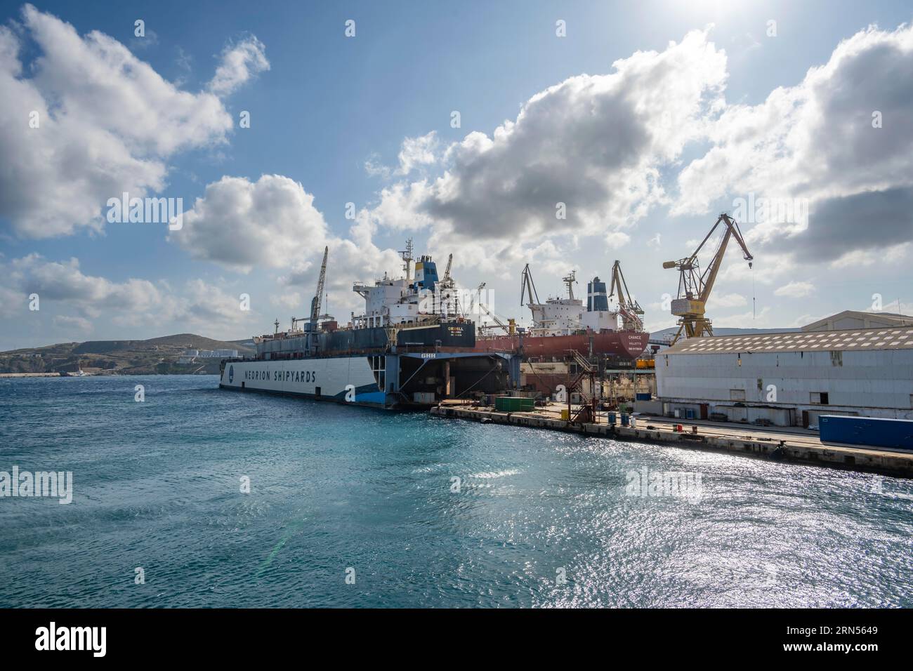Ships at Neorion Shipyards, Port of Ermoupoli, Syros, Cyclades, Greece Stock Photo