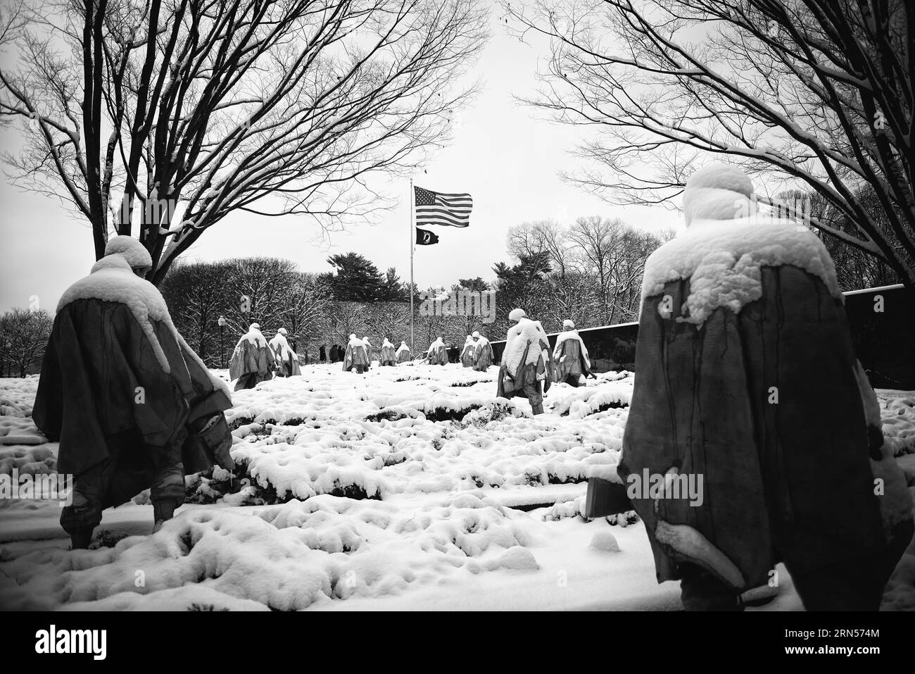 WASHINGTON, DC - Freshly fallen snow on the Korean War Veterans Memorial in Washington DC. The Korean War Memorial on the National Mall on a snowy win Stock Photo