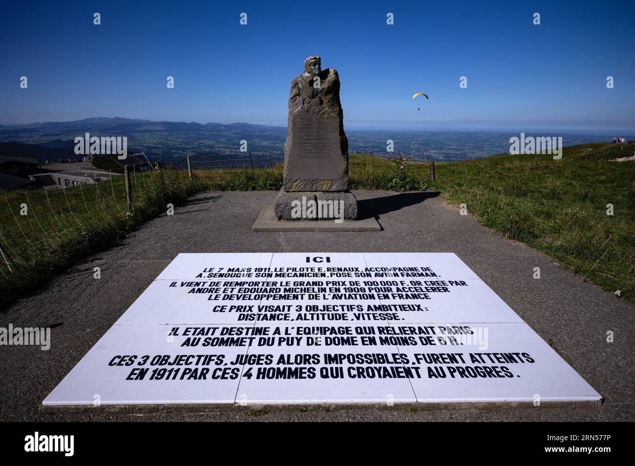 Monument to pilot Eugene Renaux on the summit of the Puy de Dome, Puy-de-Dome department, Auvergne-Rhone-Alpes region, France Stock Photo
