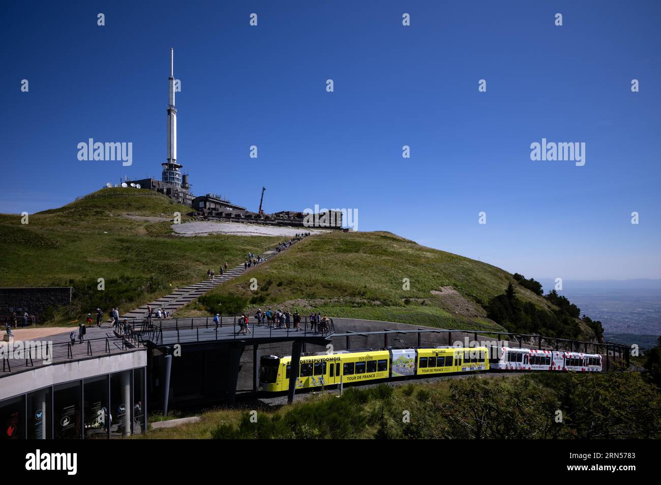 Mountain station of the Panoramique des Domes rack railway in Tour de France 2023 all-car advertising, Puy de Dome, radio station and observatory Stock Photo