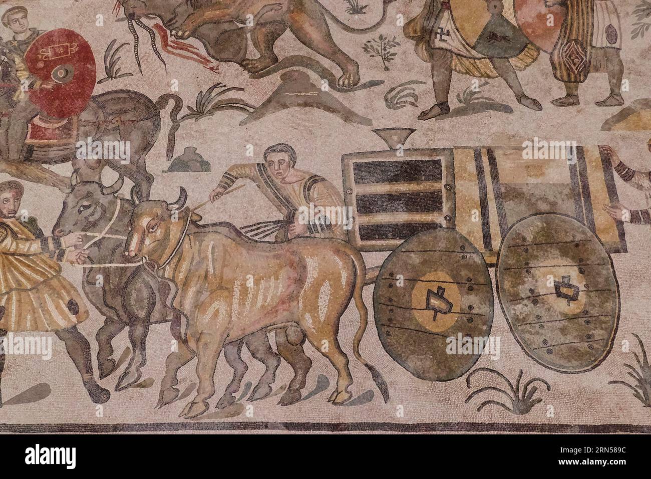 Ox cart, Roman mosaics, Villa Romana del Casale, UNESCO World Heritage Site, Piazza Armerina, Enna Province, Sicily, Italy Stock Photo