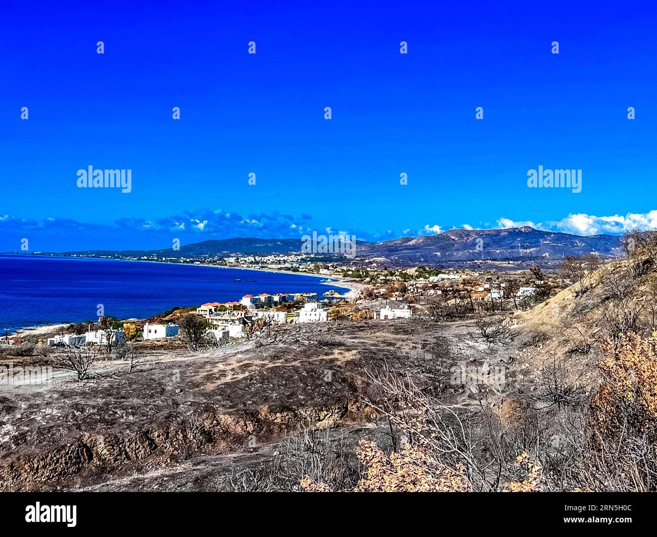 After the great fire on Rhodes in July 2023: View of the particularly affected village of Kiotari. Rhodes, Dodecanese, Greece Stock Photo
