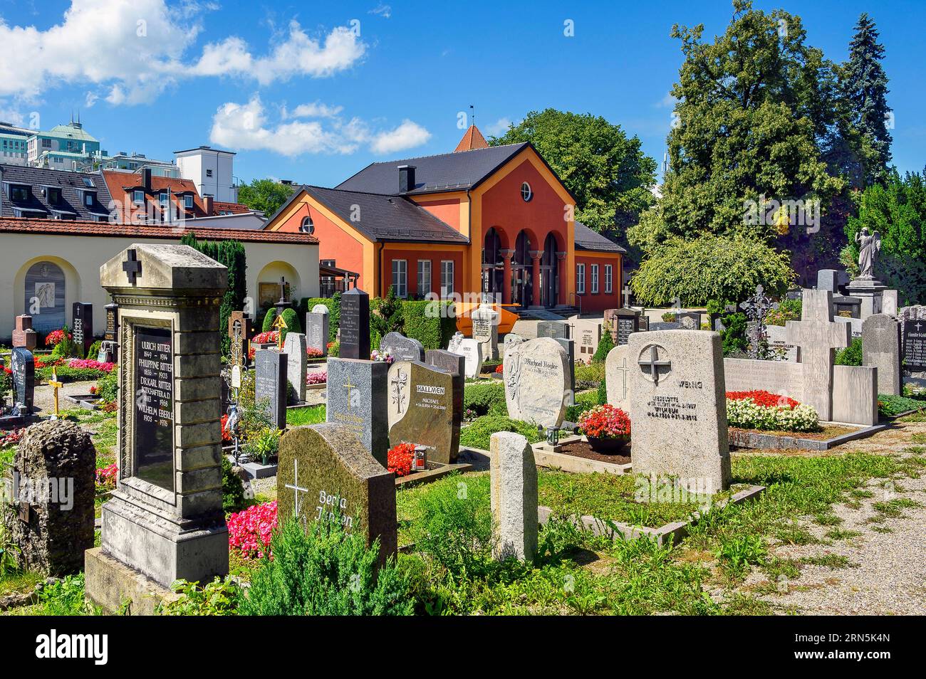 Funeral Hall, Protestant Cemetery -under the Burghalde-, Kempten, Allgaeu, Bavaria, Germany Stock Photo