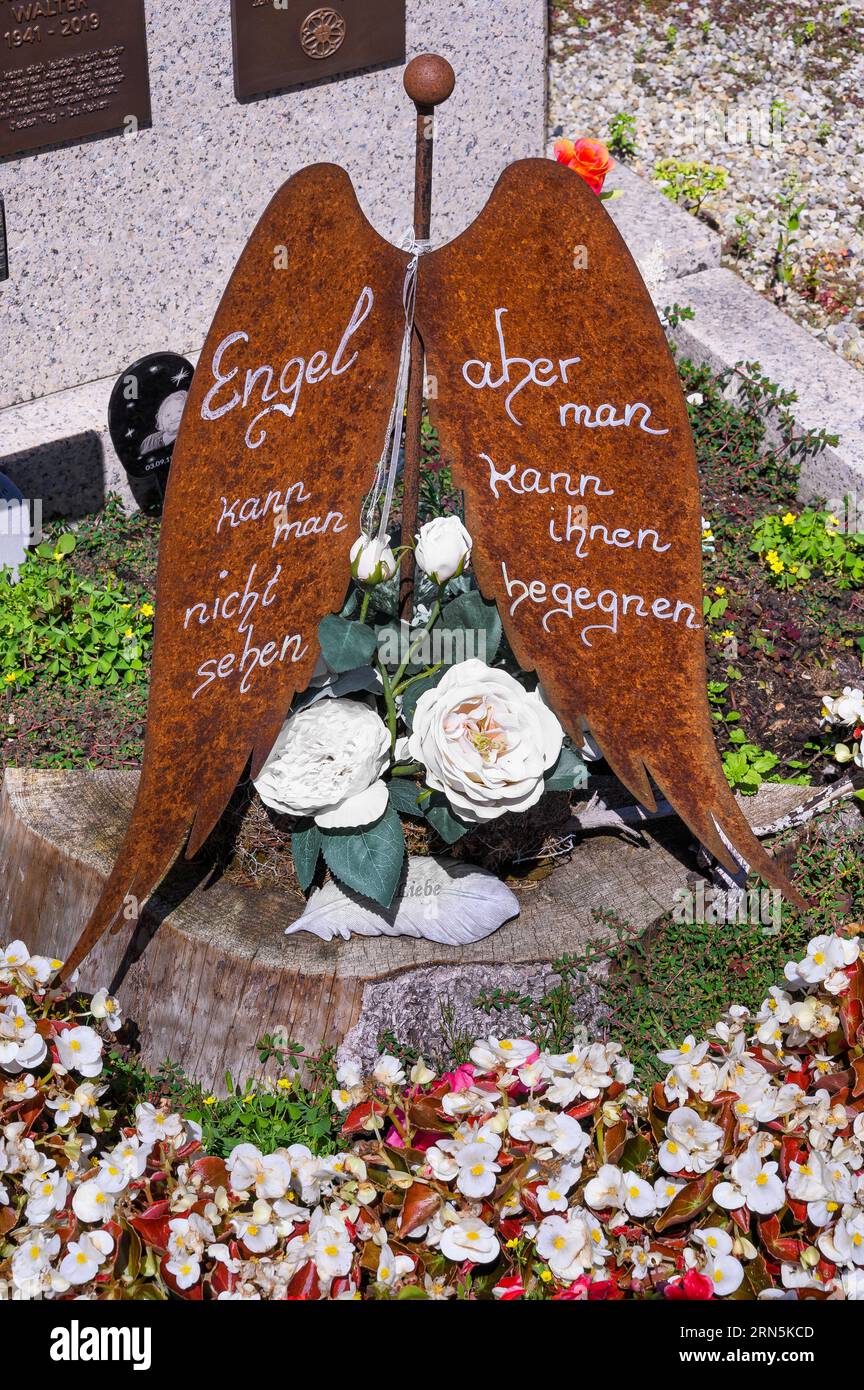Grave with saying, Angels cannot be seen but can be met, Allgaeu, Bavaria, Germany Stock Photo