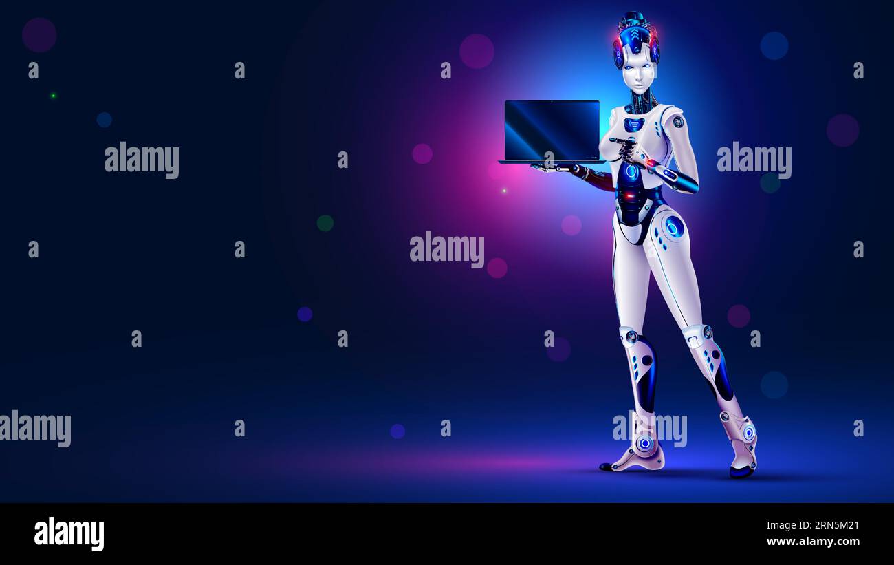 Robot woman standing on scene with laptop. Artificial intelligence or AI in image robotic lady full growth. Robot woman points at laptop screen in pal Stock Vector