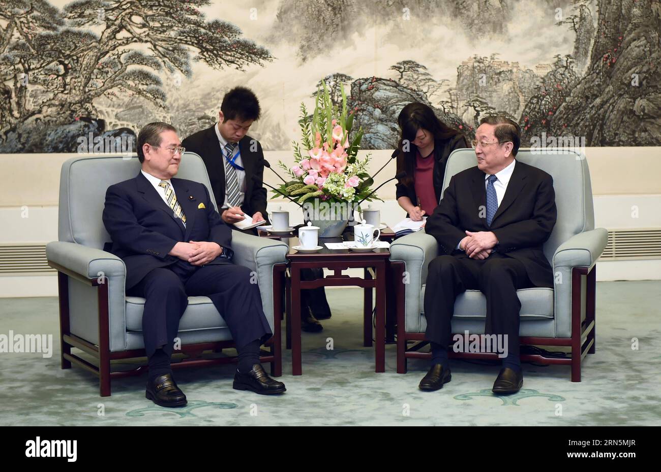 (150629) -- BEIJING, June 29, 2015 -- Yu Zhengsheng (R), chairman of the National Committee of the Chinese People s Political Consultative Conference, meets with a delegation of Japanese lawmakers led by veteran Liberal Democratic Party lawmaker Takeshi Noda in Beijing, capital of China, June 29, 2015. )(wjq) CHINA-BEIJING-YU ZHENGSHENG-JAPANESE LAWMAKERS-MEETING (CN) ZhangxDuo PUBLICATIONxNOTxINxCHN   150629 Beijing June 29 2015 Yu Zheng Sheng r Chairman of The National Committee of The Chinese Celebrities S Political Consultative Conference Meets With a Delegation of Japanese lawmakers Led b Stock Photo
