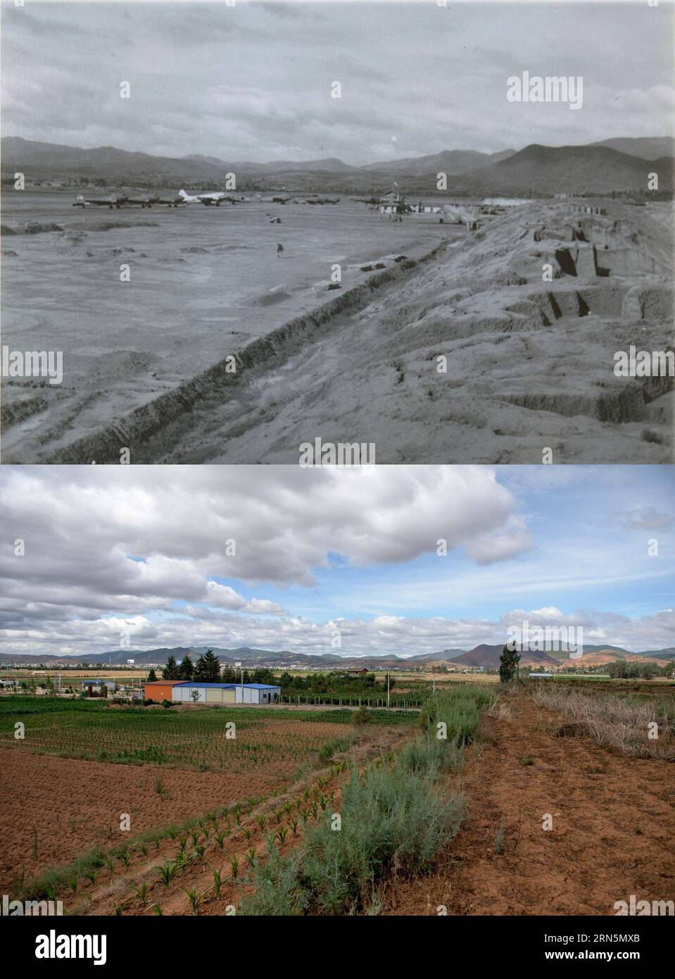 Combination photo taken during the anti-Japanese War (from 1937 to 1945) and June 29, 2015 (down) shows a contrast of view of Yunanyi Airport where the American Volunteer Group (AVG) stationed during the wartime in Xiangyun County, southwest China s Yunnan Province. The Yunnanyi Airport was used as an airbase by the AVG, which is popular known as the Flying Tigers , led by U.S. General Claire Lee Chennault to help the Chinese fight against Japanese air forces. ) (mt) CHINA-YUNAN-AVG-AIRPORT-ANTI-JAPANESE WAR (CN) LiuxChan PUBLICATIONxNOTxINxCHN   combination Photo Taken during The Anti Japanes Stock Photo