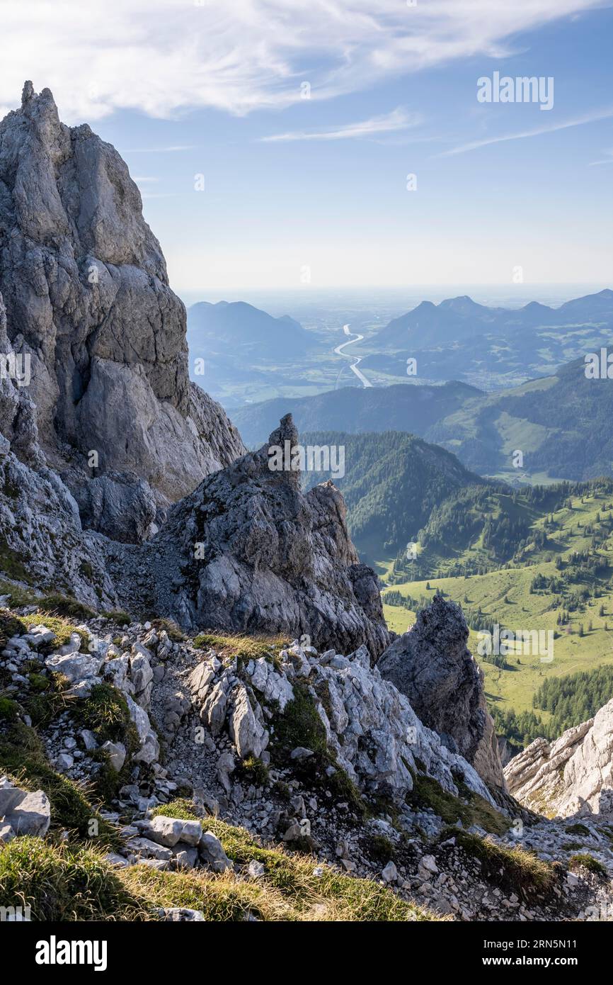Crossing the Hackenkoepfe, rocky mountains of the Kaisergebirge, Wilder Kaiser, Kitzbuehel Alps, Tyrol, Austria Stock Photo