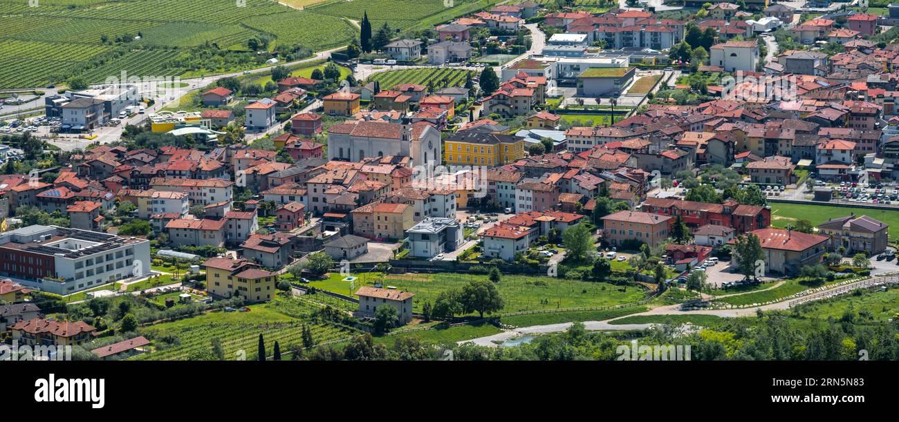 Town view, view of the Sarca Valley with the village of Dro, Garda Mountains, Arco, Trentino-Alto Adige, Italy Stock Photo
