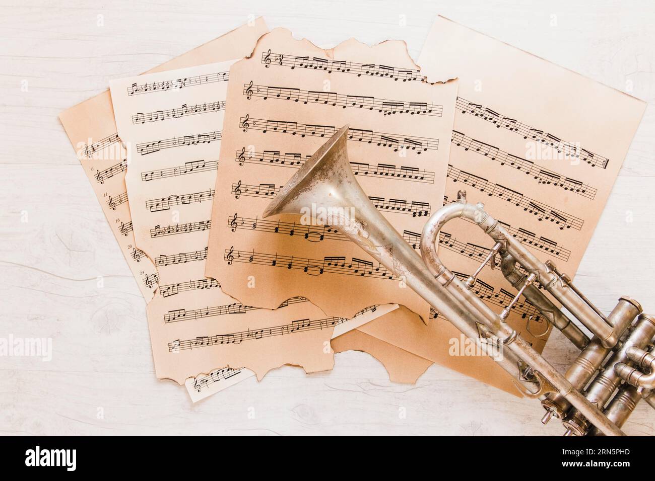Brass trumpet sheet music Stock Photo Alamy