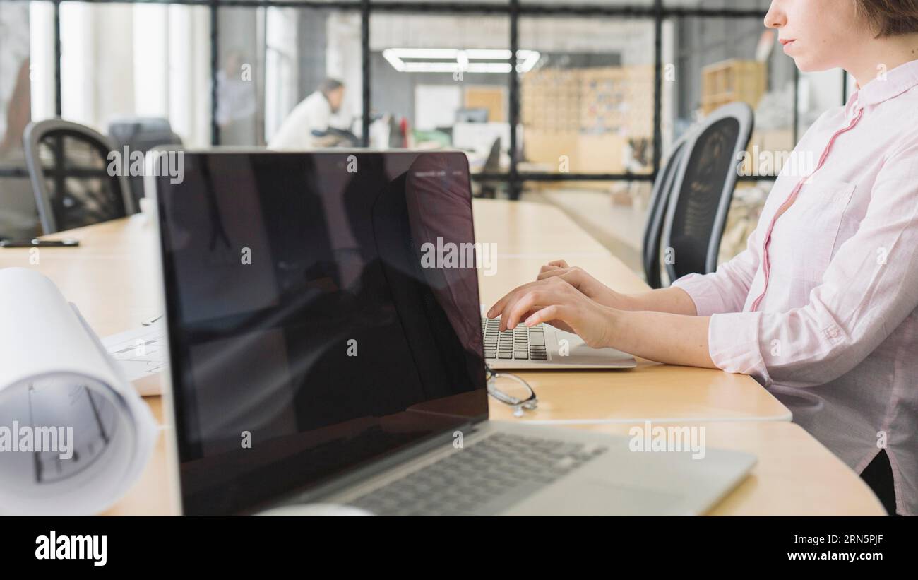 Businesswoman working with laptop office Stock Photo