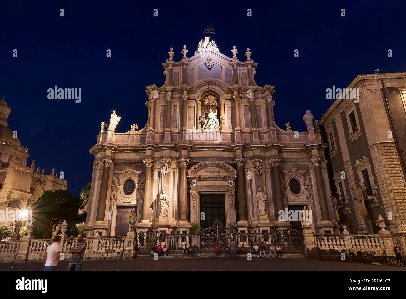 Night shot, blue night sky, super wide angle, illuminated facade of the