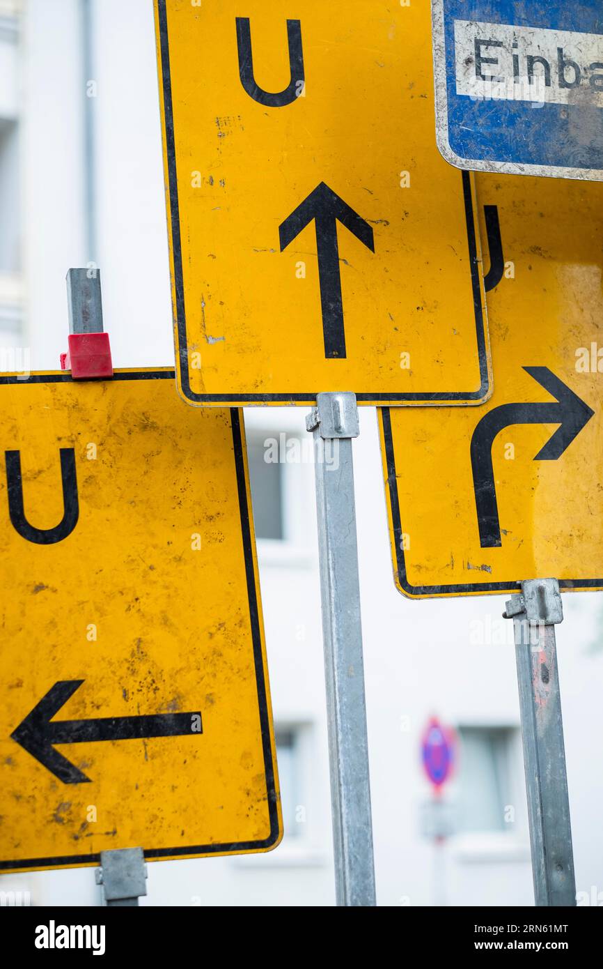 Many traffic signs, oneway street, diversion, symbol image Stock Photo