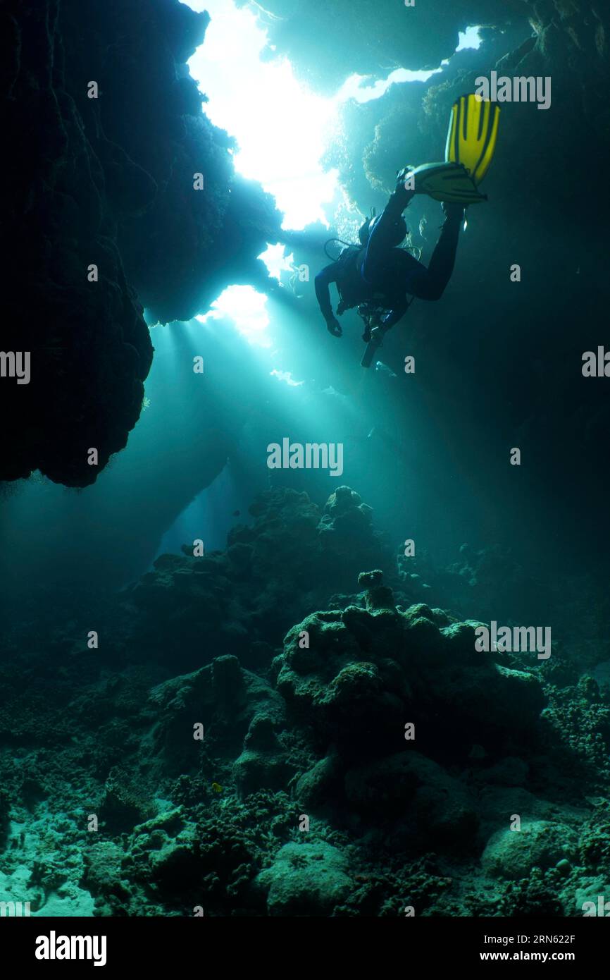 Diver swimming in cave, underwater, light rays, sun rays, St Johns