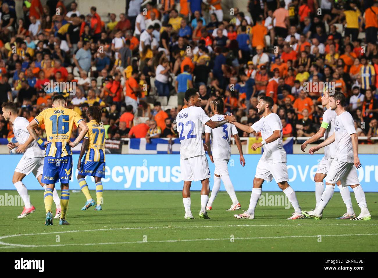 Strovolos, Cyprus. 31st Aug, 2023. Gent's Tarik Tissoudali celebrates after scoring during a soccer game between Cypriot APOEL FC and Belgian KAA Gent, Thursday 31 August 2023 in Strovolos, Cyprus, the return leg of the play-off for the UEFA Europa Conference League competition. BELGA PHOTO GEORGE CHRISTOPHOROU Credit: Belga News Agency/Alamy Live News Stock Photo