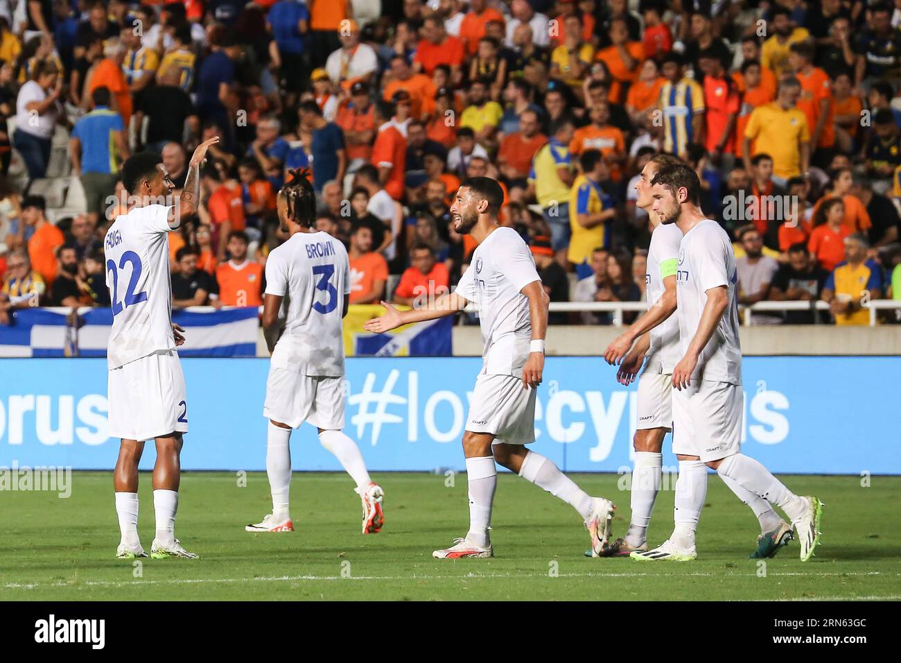 Strovolos, Cyprus. 31st Aug, 2023. Gent's Tarik Tissoudali celebrates after scoring during a soccer game between Cypriot APOEL FC and Belgian KAA Gent, Thursday 31 August 2023 in Strovolos, Cyprus, the return leg of the play-off for the UEFA Europa Conference League competition. BELGA PHOTO GEORGE CHRISTOPHOROU Credit: Belga News Agency/Alamy Live News Stock Photo