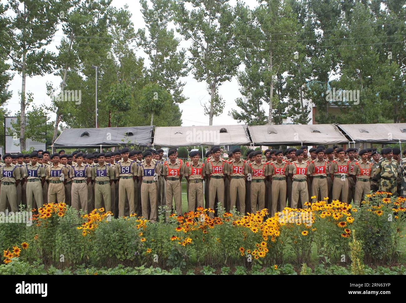 (150710) -- SRINAGAR, July 10, 2015 -- Border guards of India s Border Security Force (BSF) pay tributes to their killed colleague at their base camp in Humhama, on the outskirts of Srinagar, summer capital of Indian-controlled Kashmir, on July 10, 2015. A border guard of India s BSF has been killed in firing from Pakistan side on Line of Control (LoC) dividing Kashmir. ) KASHMIR-SRINAGAR-BORDER GUARD-WREATH LAYING JavedxDar PUBLICATIONxNOTxINxCHN   150710 Srinagar July 10 2015 Border Guards of India S Border Security Force BSF Pay Tributes to their KILLED colleague AT their Base Camp in Humha Stock Photo