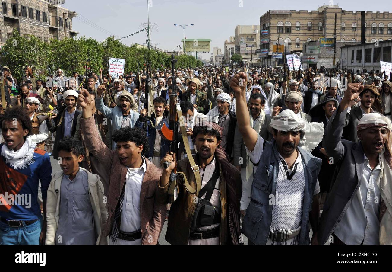 Supporters of the Houthi group shout slogans in a demonstration staged by the Shiite Houthi group to call for ending the war in Sanaa, Yemen, on July 10, 2015, hours before a humanitarian truce was to take effect in the country. The United Nations looks forward to an unconditional humanitarian pause to start on Friday at 23:59 local time (2059 GMT) until the end of Ramadan on July 17, said a UN spokesperson here on Thursday. ) YEMEN-SANAA-CONFLICT HanixAli PUBLICATIONxNOTxINxCHN   Supporters of The Houthi Group Shout Slogans in a Demonstration staged by The Shiite Houthi Group to Call for endi Stock Photo